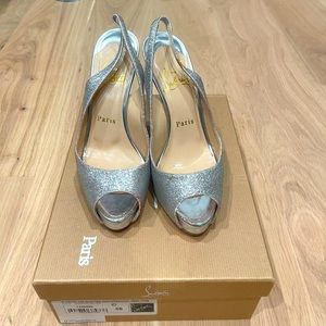Authentic Christian Louboutin No.Prive silver glitter sling back heel size 36